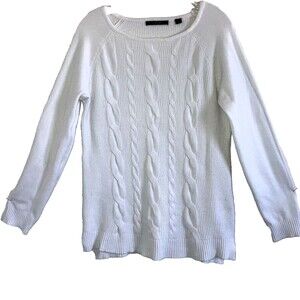 CYRUS L Solid White Cable Ribbed Knit Long Sleeve Tunic Top Sweater Pullover L